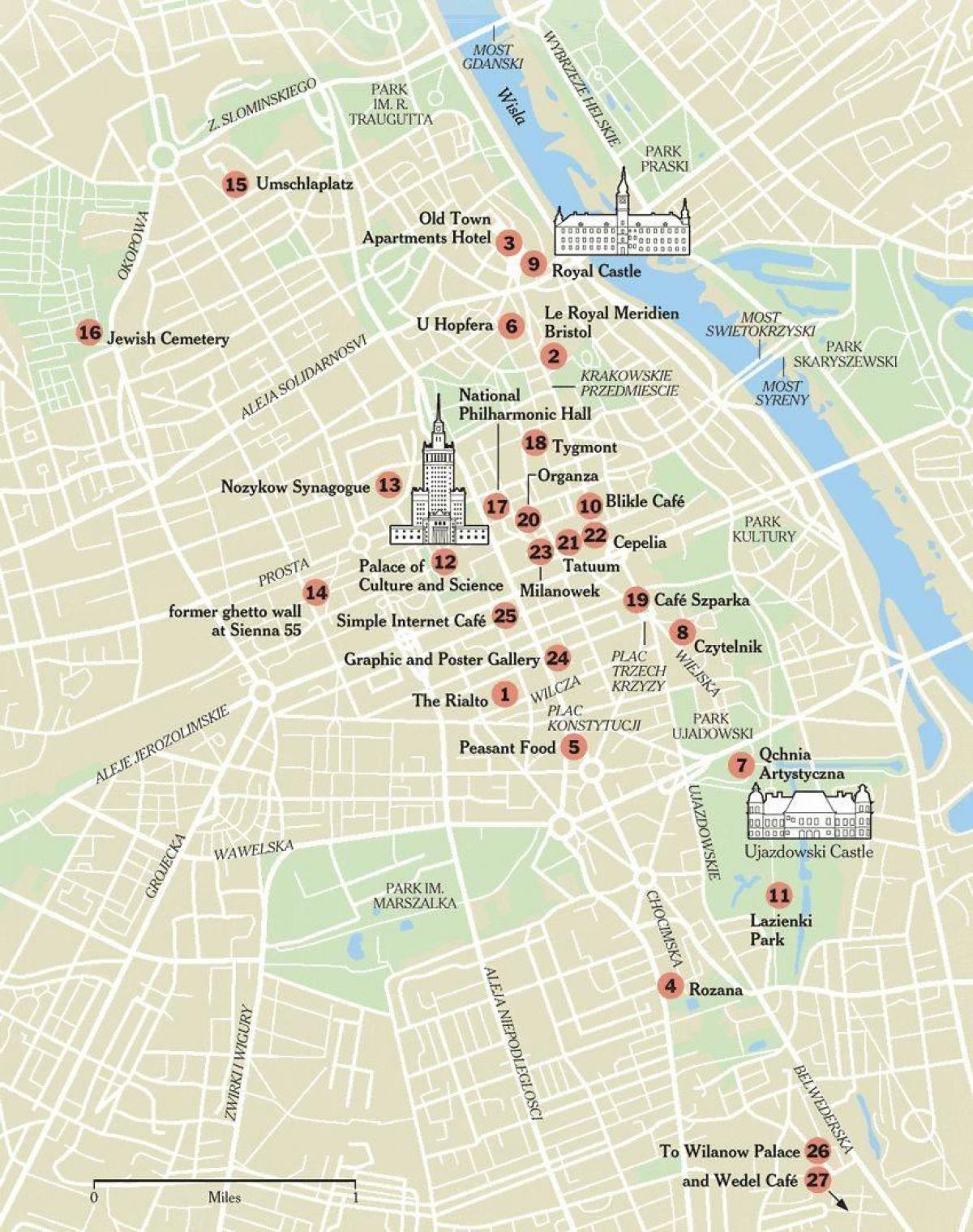 מפה של ורשה עם אטרקציות תיירותיות